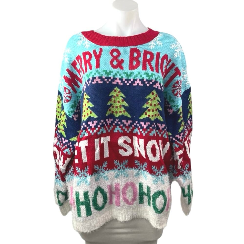NEW 33 Degrees Merry & Bright Multicolor Christmas Holiday Sweater Top Size L